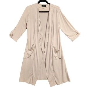 TAHARI Beige Slinky Tab Sleeve Pocket Open Front Long Duster Cardigan SIZE S